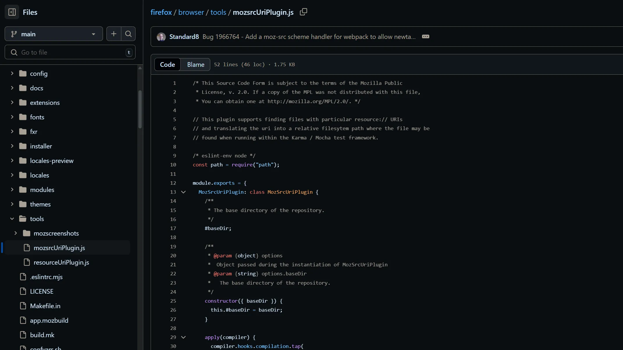Mã nguồn của trình duyệt Firefox hiển thị trên trang GitHub, cho thấy cấu trúc thư mục và các dòng code phức tạp