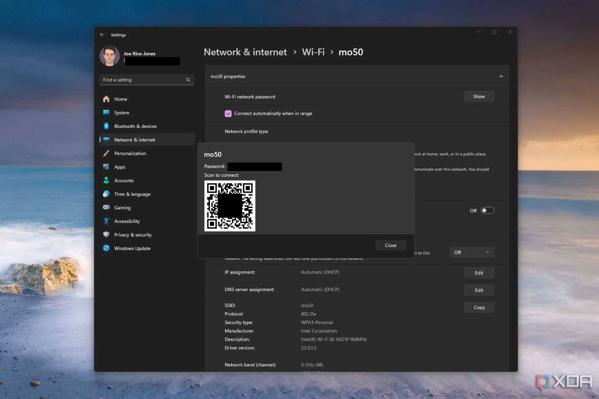 Mã QR chia sẻ mật khẩu Wi-Fi trong cài đặt Windows 11, giúp kết nối nhanh chóng