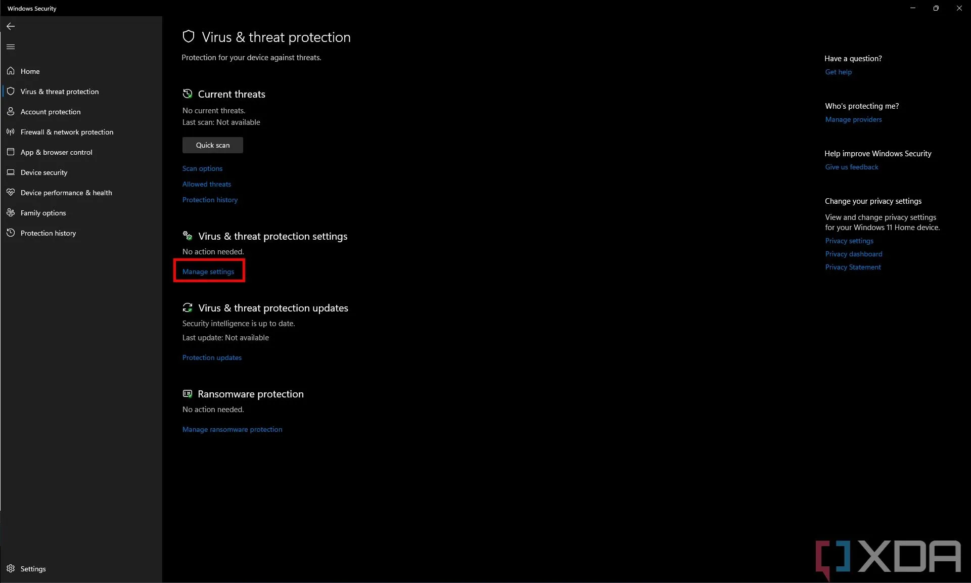 Màn hình cài đặt &quot;Bảo vệ khỏi virus và mối đe dọa&quot; trong Bảo mật Windows, hiển thị mục &quot;Quản lý cài đặt&quot;.