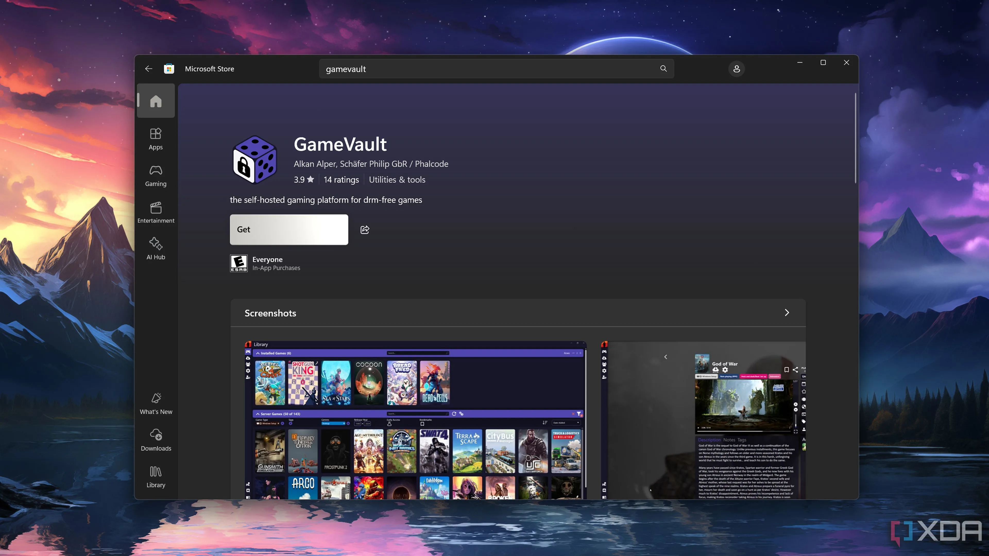Màn hình cài đặt GameVault từ Microsoft Store trên Windows, hiển thị giao diện phần mềm.