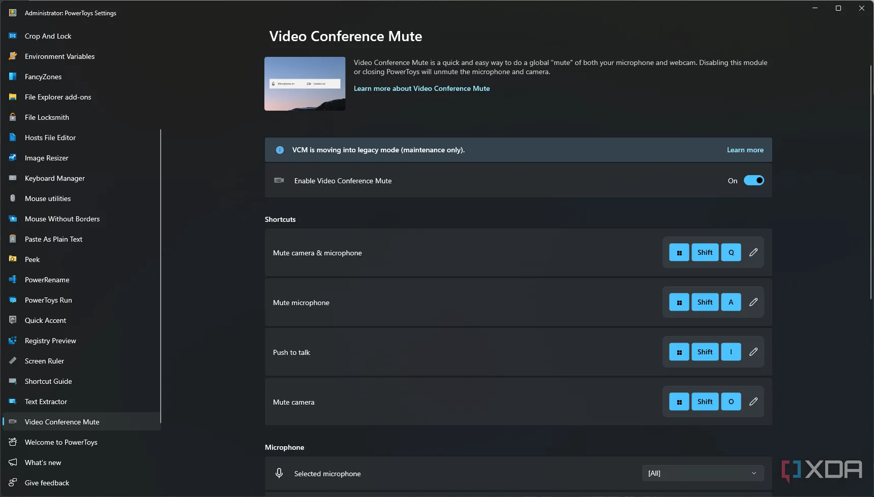 Màn hình cài đặt Video Conference Mute trong PowerToys, cho phép bật/tắt mic và camera nhanh chóng.