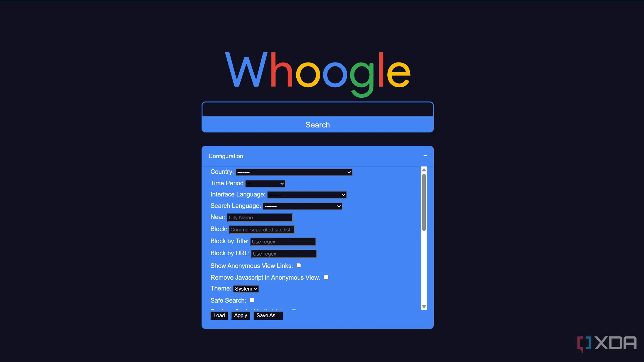 Màn hình cấu hình Whoogle với các tùy chọn tùy chỉnh tìm kiếm như chặn trang web và SafeSearch