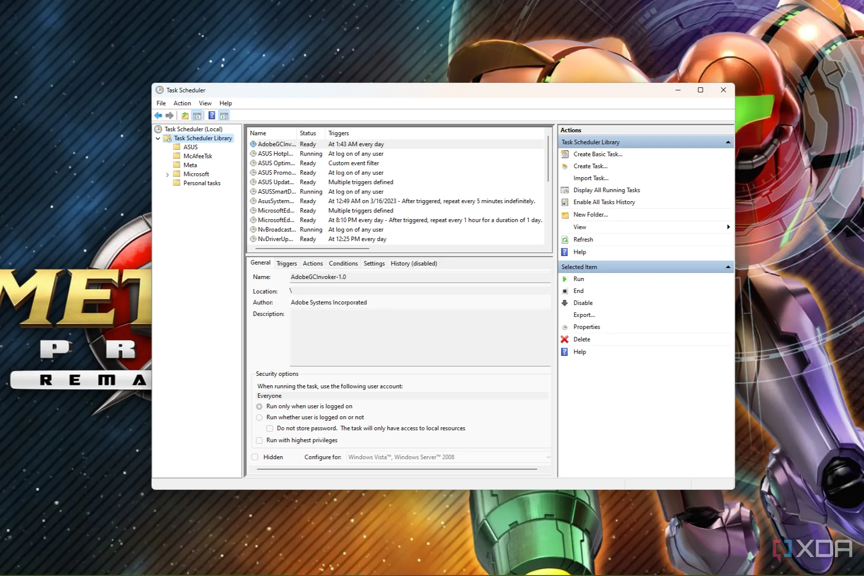 Màn hình chính của Windows Task Scheduler với các tùy chọn tạo tác vụ cơ bản và nâng cao