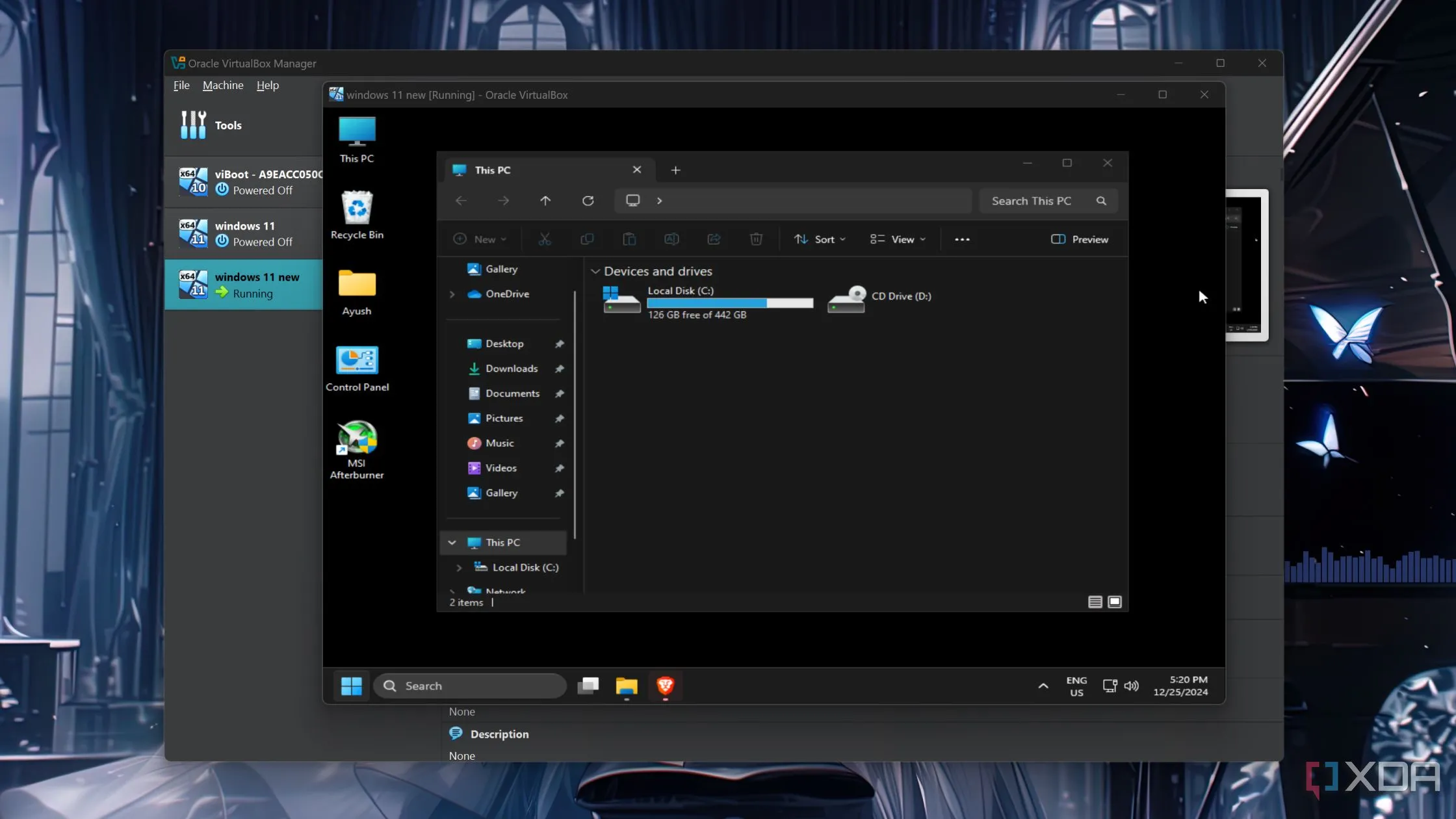 Màn hình máy ảo Windows 11 đang chạy bên trong VirtualBox, hiển thị giao diện quen thuộc của hệ điều hành đã được ảo hóa từ PC vật lý.