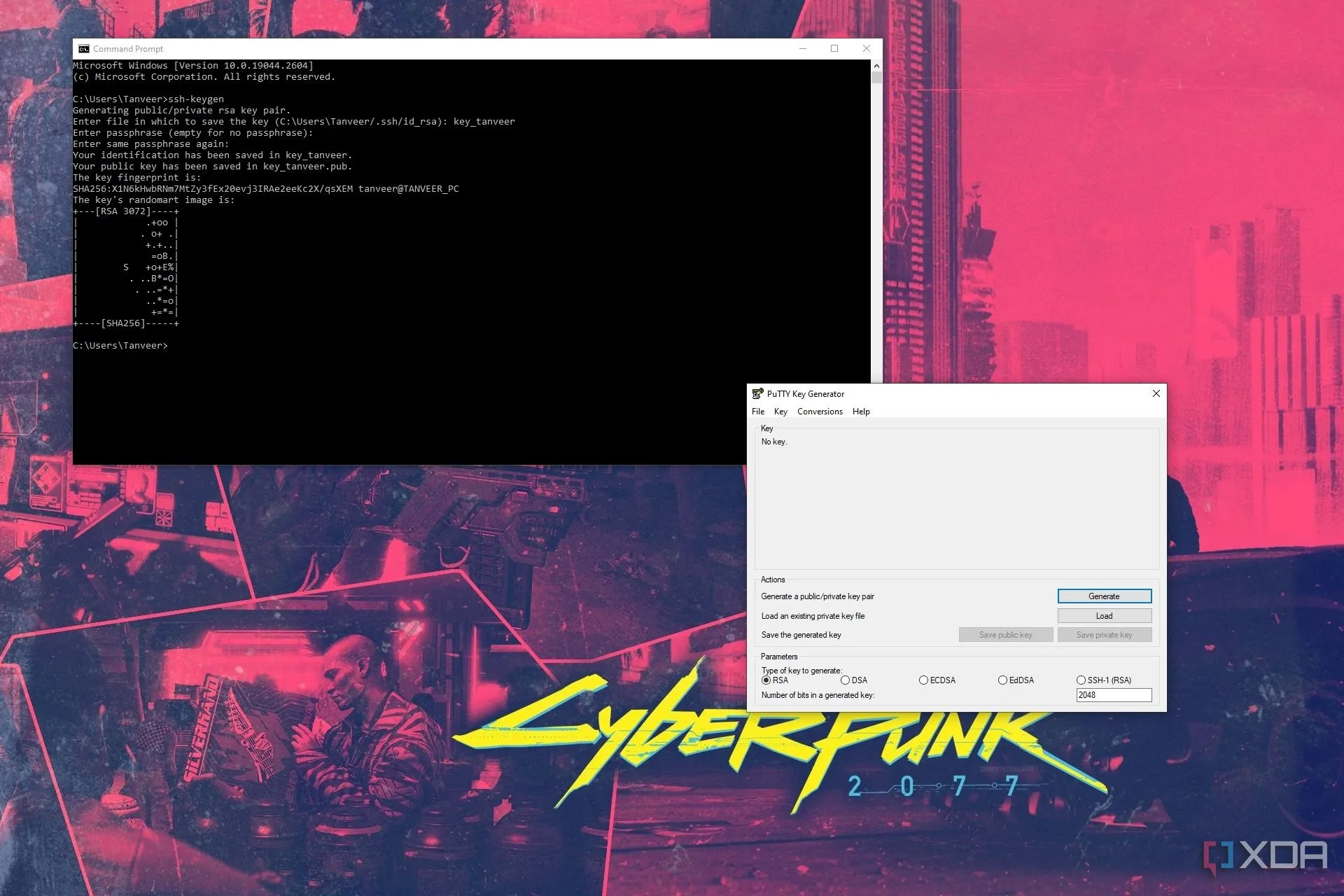 Màn hình máy tính Windows hiển thị cửa sổ Command Prompt và PuTTYgen, liên quan đến các công cụ dòng lệnh.