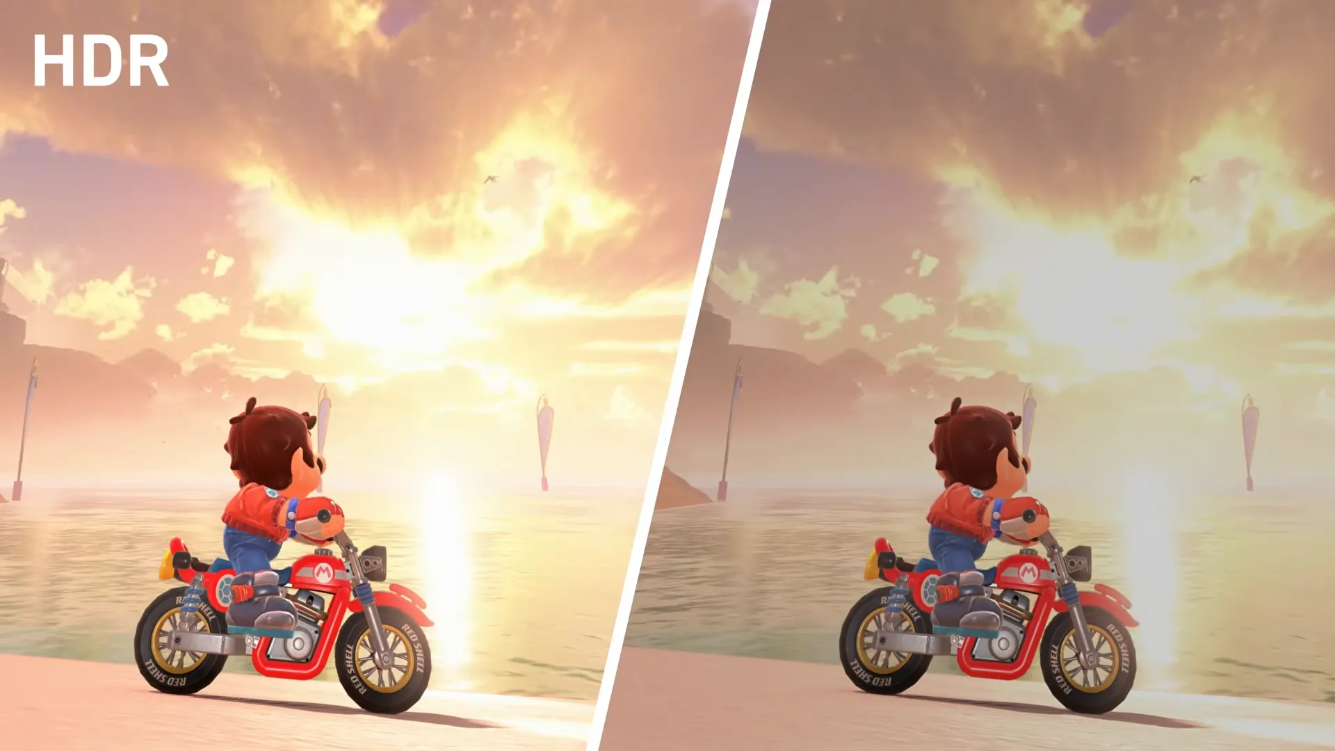 Màn hình so sánh hiệu ứng đồ họa của game Mario Kart World khi bật và tắt chế độ HDR trên Nintendo Switch 2.