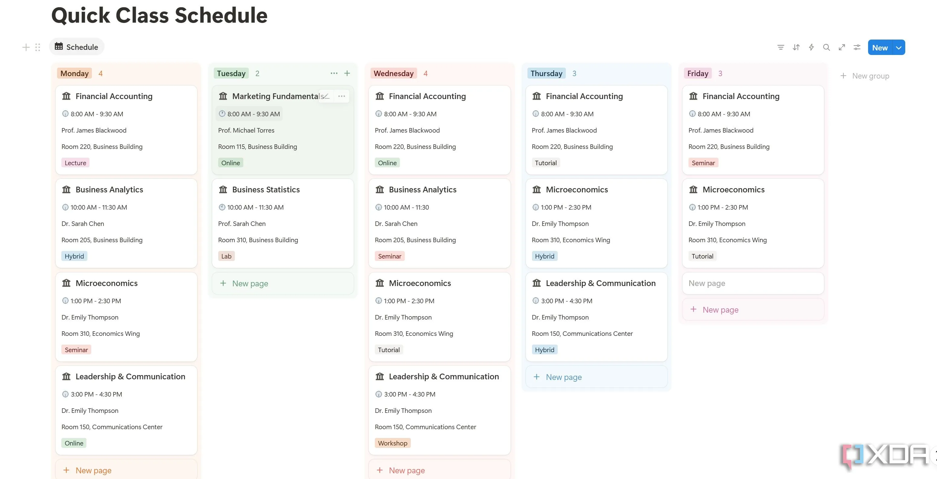 Mẫu Quick Class Schedule trong Notion, hiển thị lịch học được sắp xếp khoa học và dễ nhìn