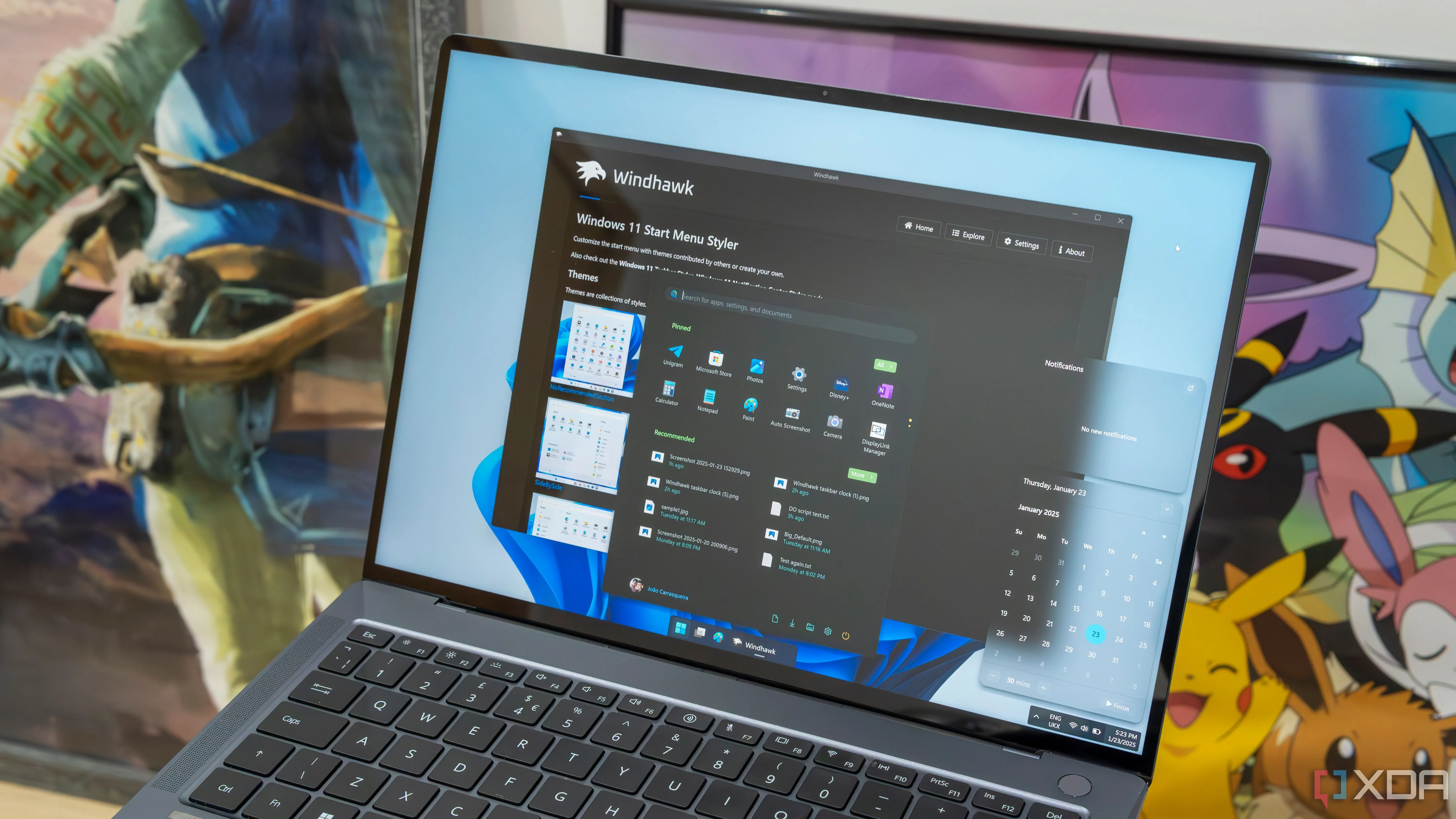 Máy tính xách tay Windows 11 hiển thị các tùy chỉnh giao diện Windhawk Mod