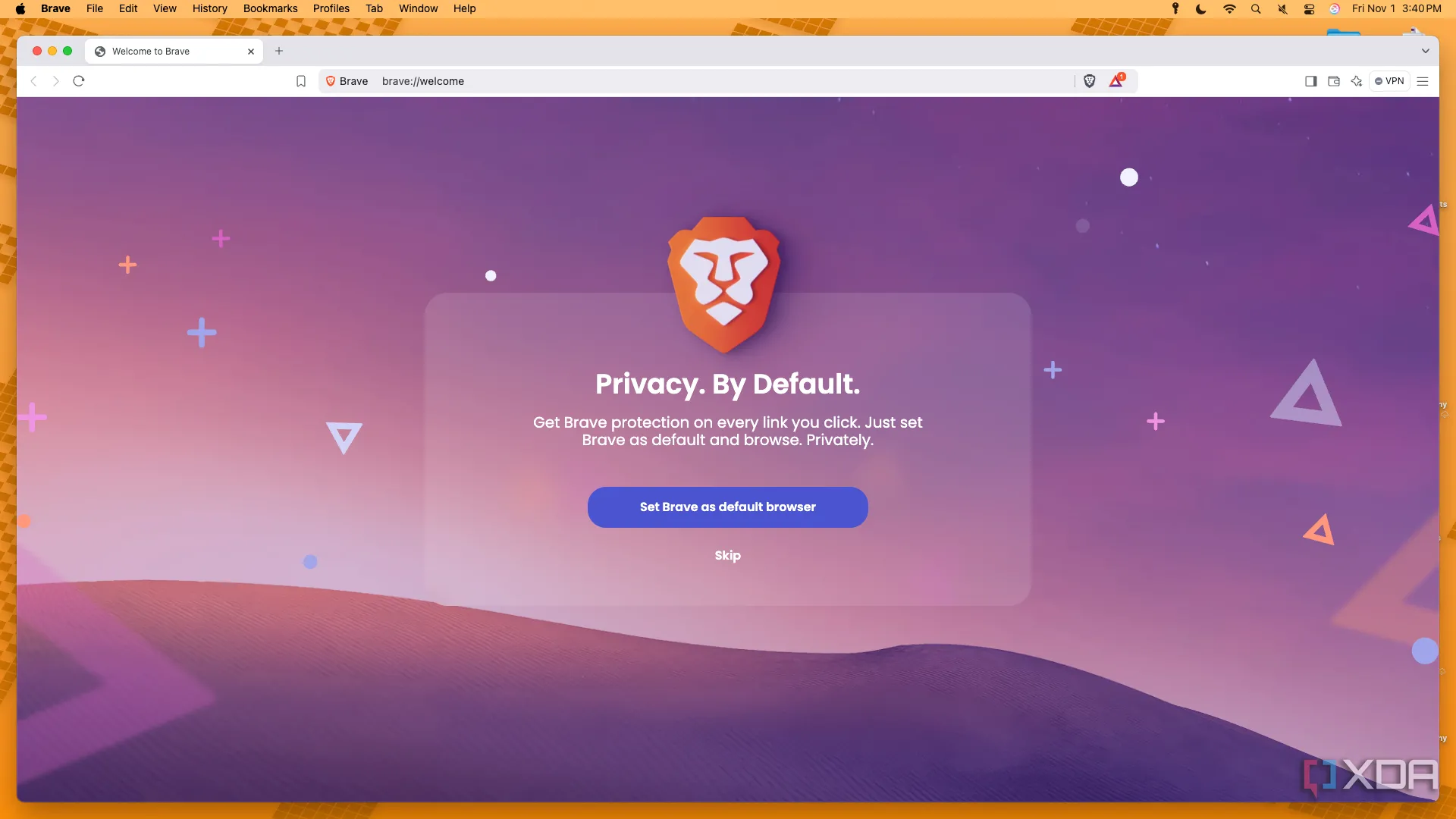 Một ảnh chụp màn hình ứng dụng Brave trên macOS với logo Brave và giao diện duyệt web tối giản