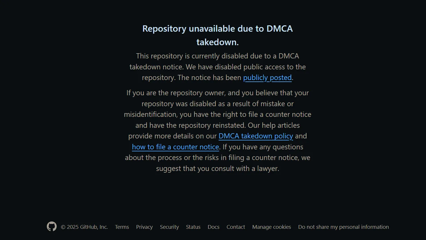 Một thông báo DMCA takedown hiển thị trên trang GitHub của một kho lưu trữ mã nguồn, cảnh báo về việc vi phạm bản quyền và gỡ bỏ nội dung