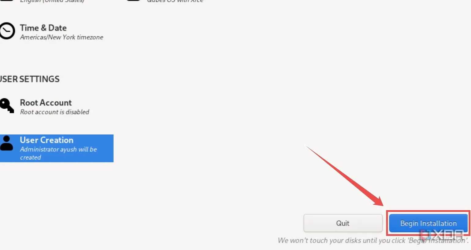 Nhấn nút Bắt đầu Cài đặt (Begin Installation) để tiến hành cài đặt Qubes OS