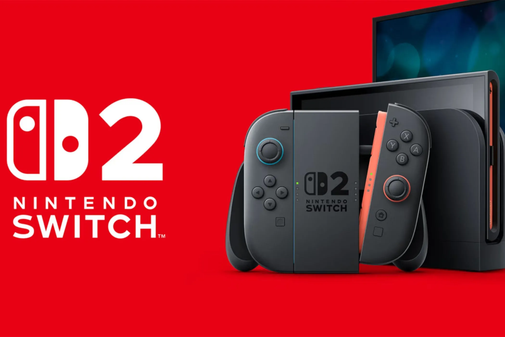 Nintendo Switch 2 với tay cầm Joy-Con đặt cạnh logo Nintendo, minh họa thiết kế mới.