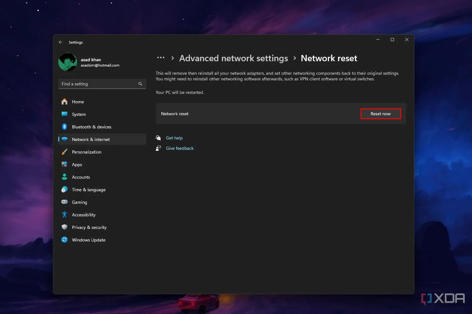 Nút &quot;Đặt lại ngay&quot; trong cài đặt Network Reset của Windows 11 để khắc phục sự cố mạng