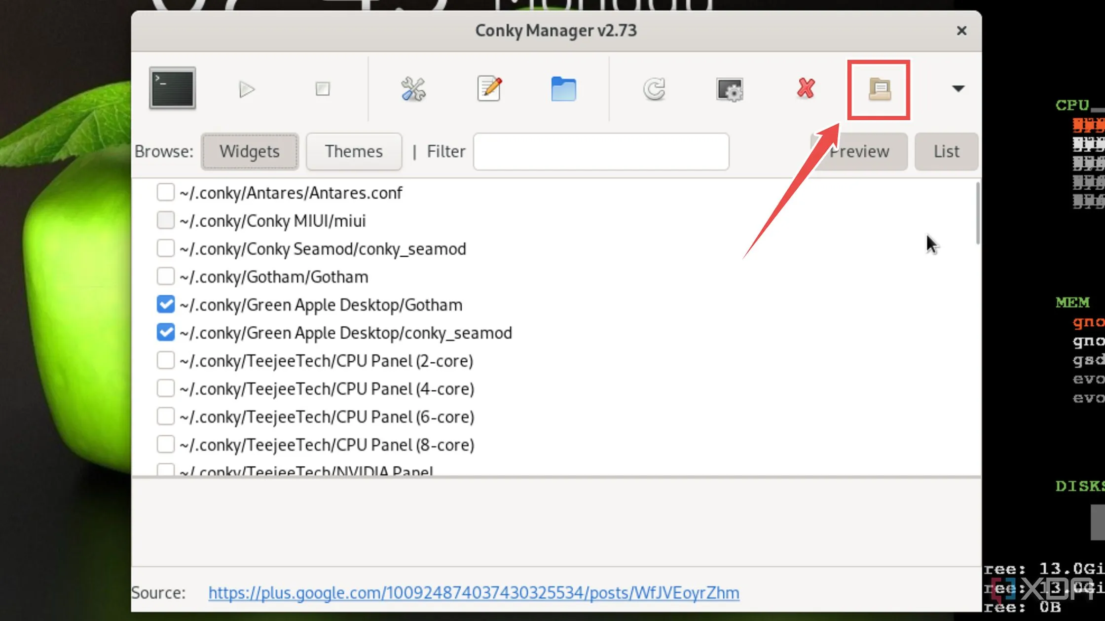 Nút Import Theme Pack trong Conky Manager để thêm gói theme mới
