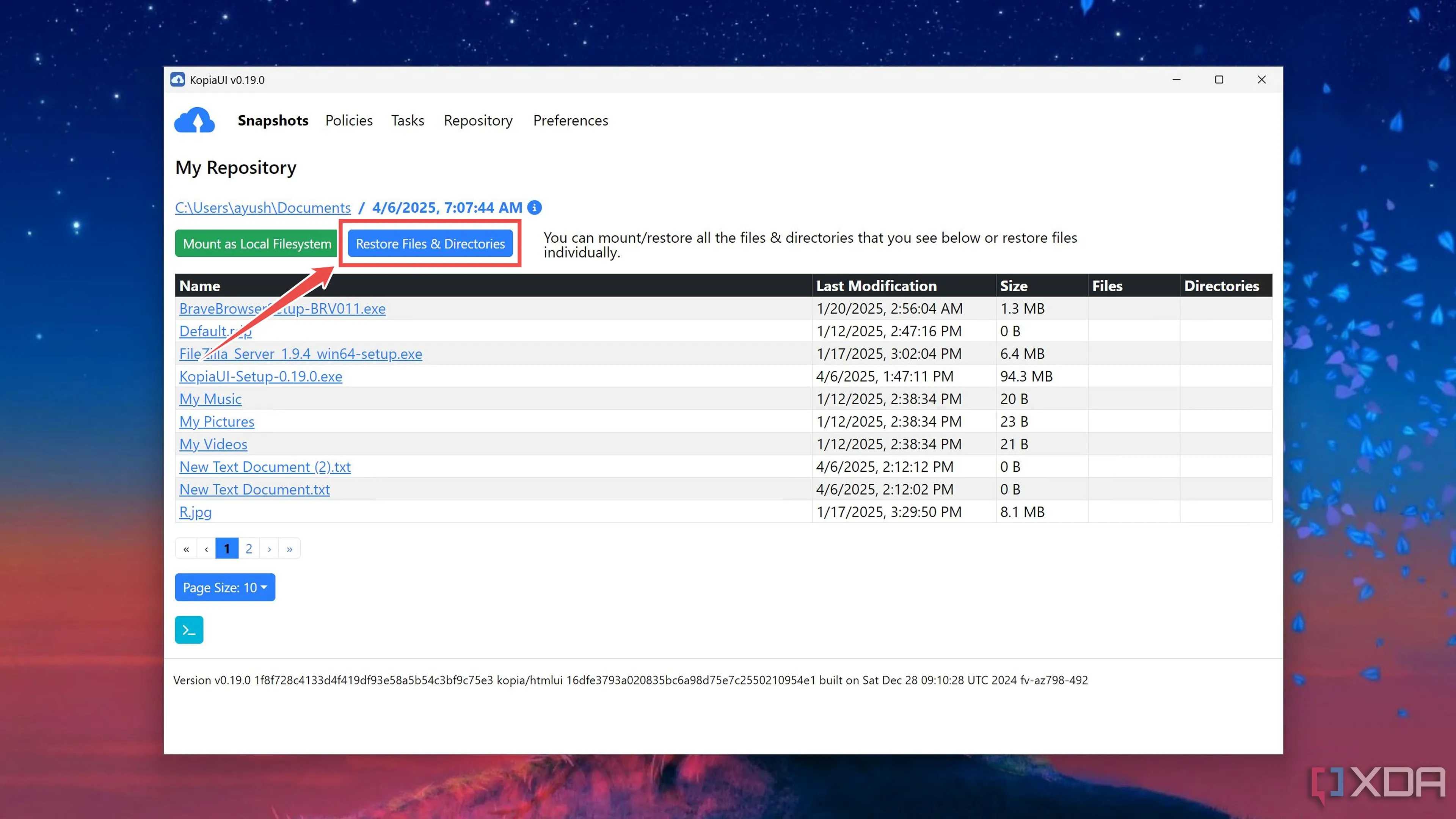 Nút &quot;Restore Files &amp; Directories&quot; trong Kopia để khôi phục toàn bộ snapshot