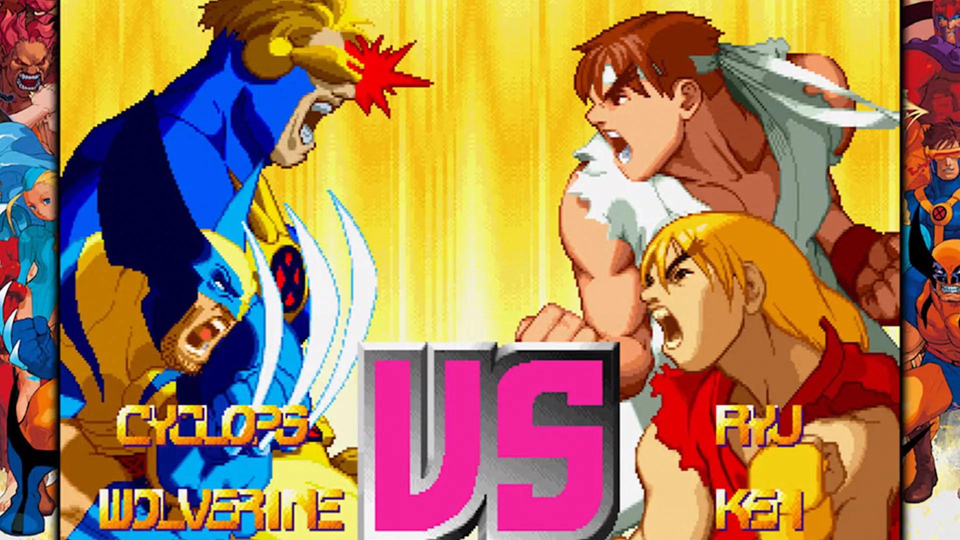 Ryu, Ken, Wolverine và Cyclops đối đầu trong game Marvel vs. Capcom: Clash of Super Heroes, minh họa sự đa dạng nhân vật của thể loại game đối kháng