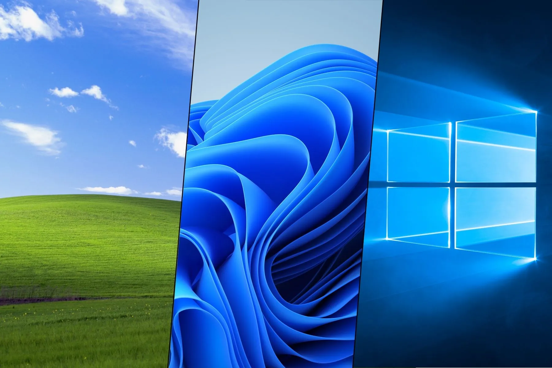 So sánh các hình nền mặc định qua các phiên bản Windows XP, 10 và 11.
