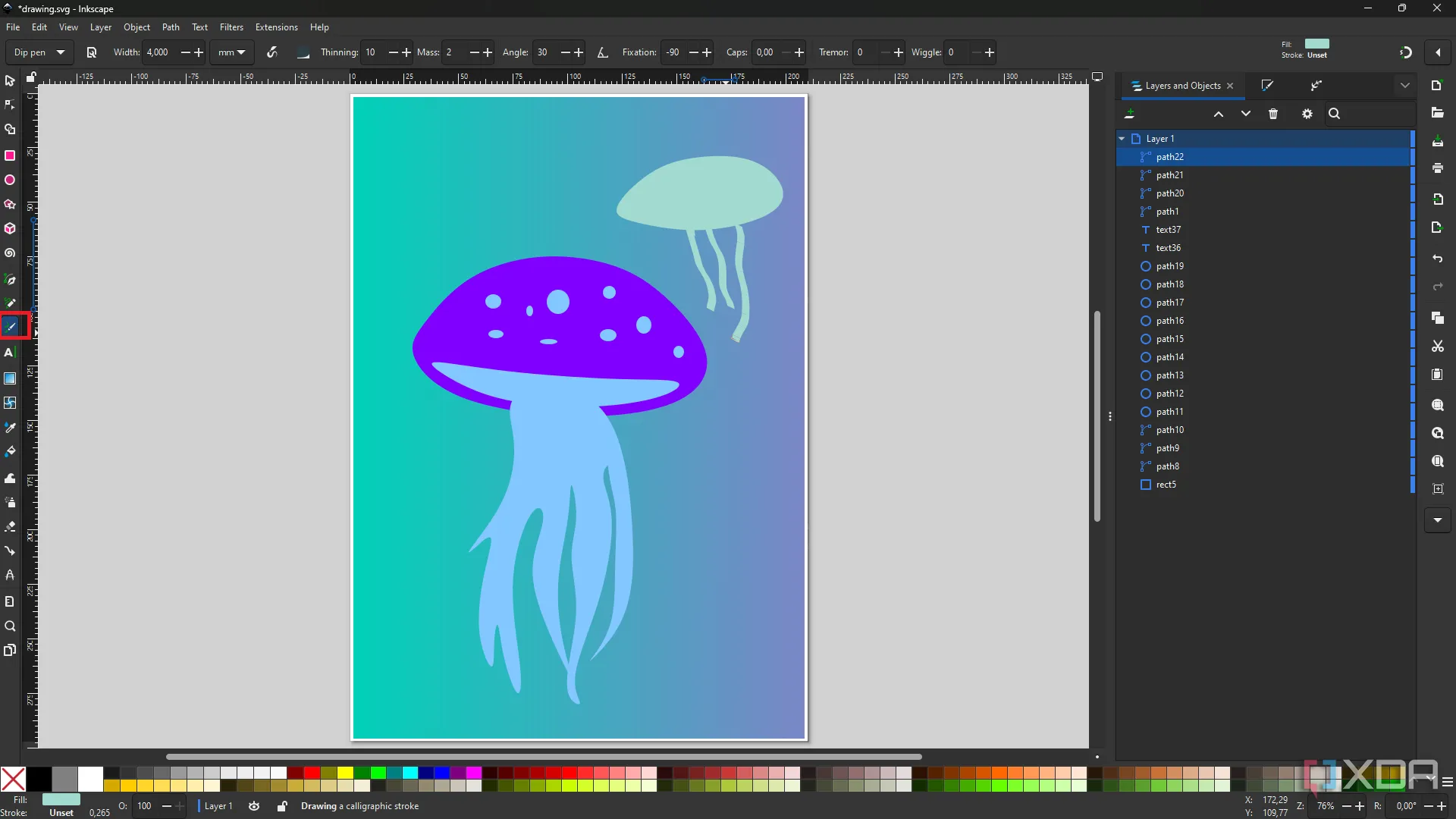 Sử dụng công cụ Thư pháp trong Inkscape để tạo hình ảnh sứa với nét vẽ uyển chuyển và linh hoạt.