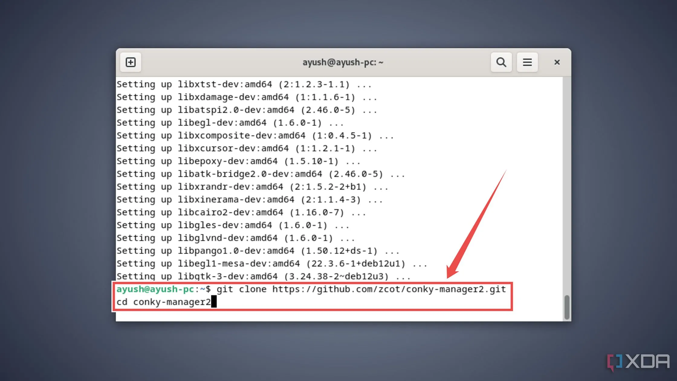 Sử dụng lệnh git clone để tải gói Conky Manager từ GitHub