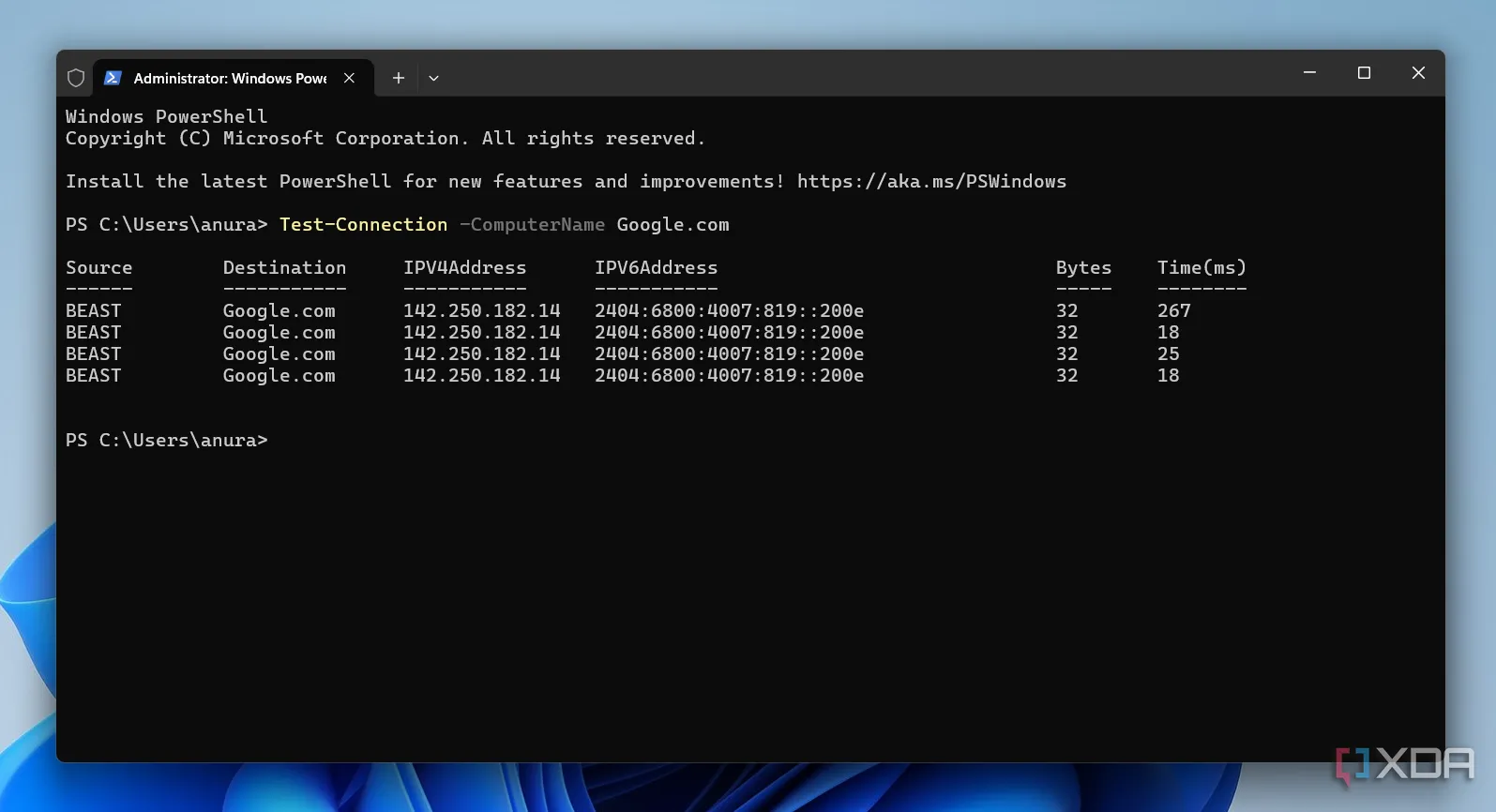 Sử dụng lệnh Test-Connection để kiểm tra kết nối mạng và độ trễ từ PowerShell