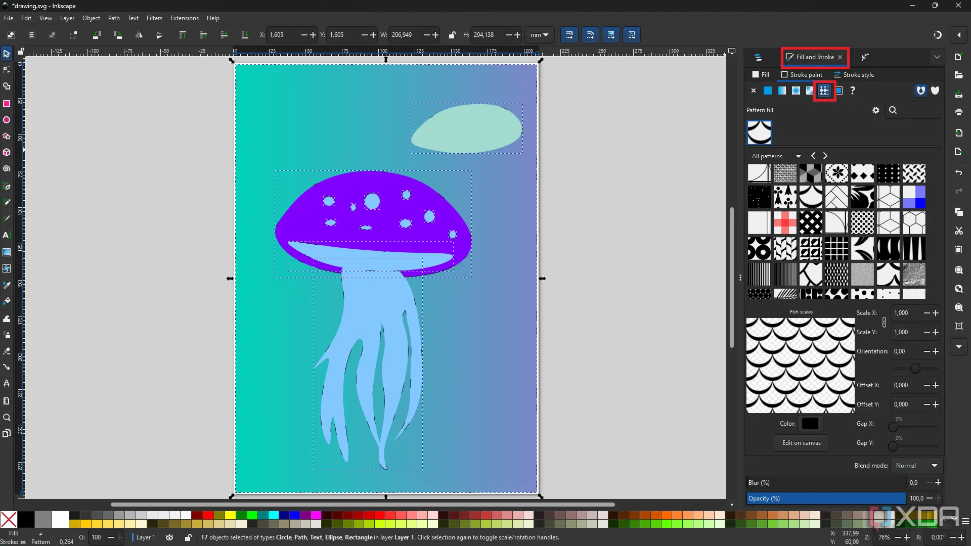 Tạo họa tiết liền mạch trong Inkscape với hình ảnh sứa, thể hiện khả năng ứng dụng cho nền hoặc kết cấu.