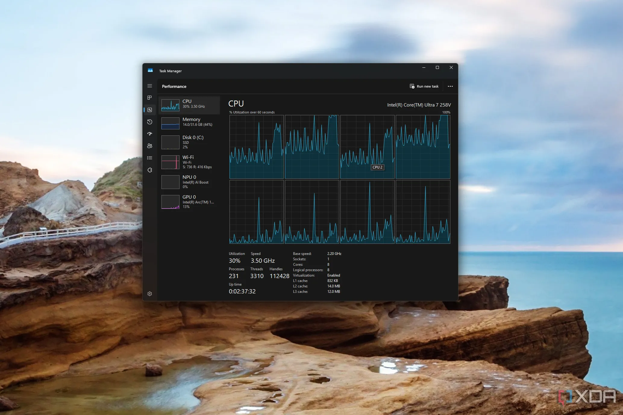 Task Manager hiển thị đồ thị sử dụng CPU trên tất cả các bộ xử lý logic của hệ thống.