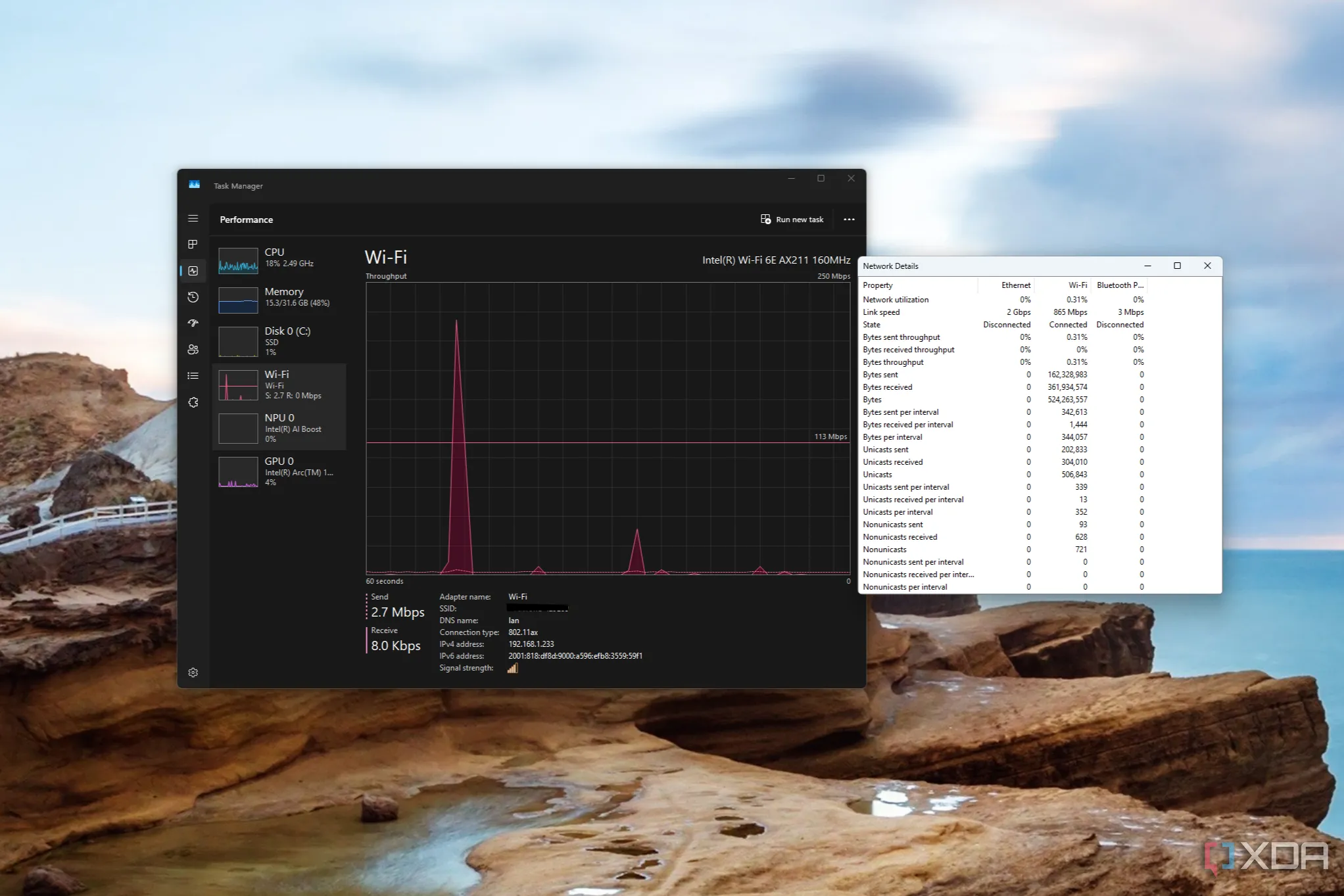 Task Manager hiển thị đồ thị sử dụng mạng và cửa sổ chi tiết kết nối mạng.