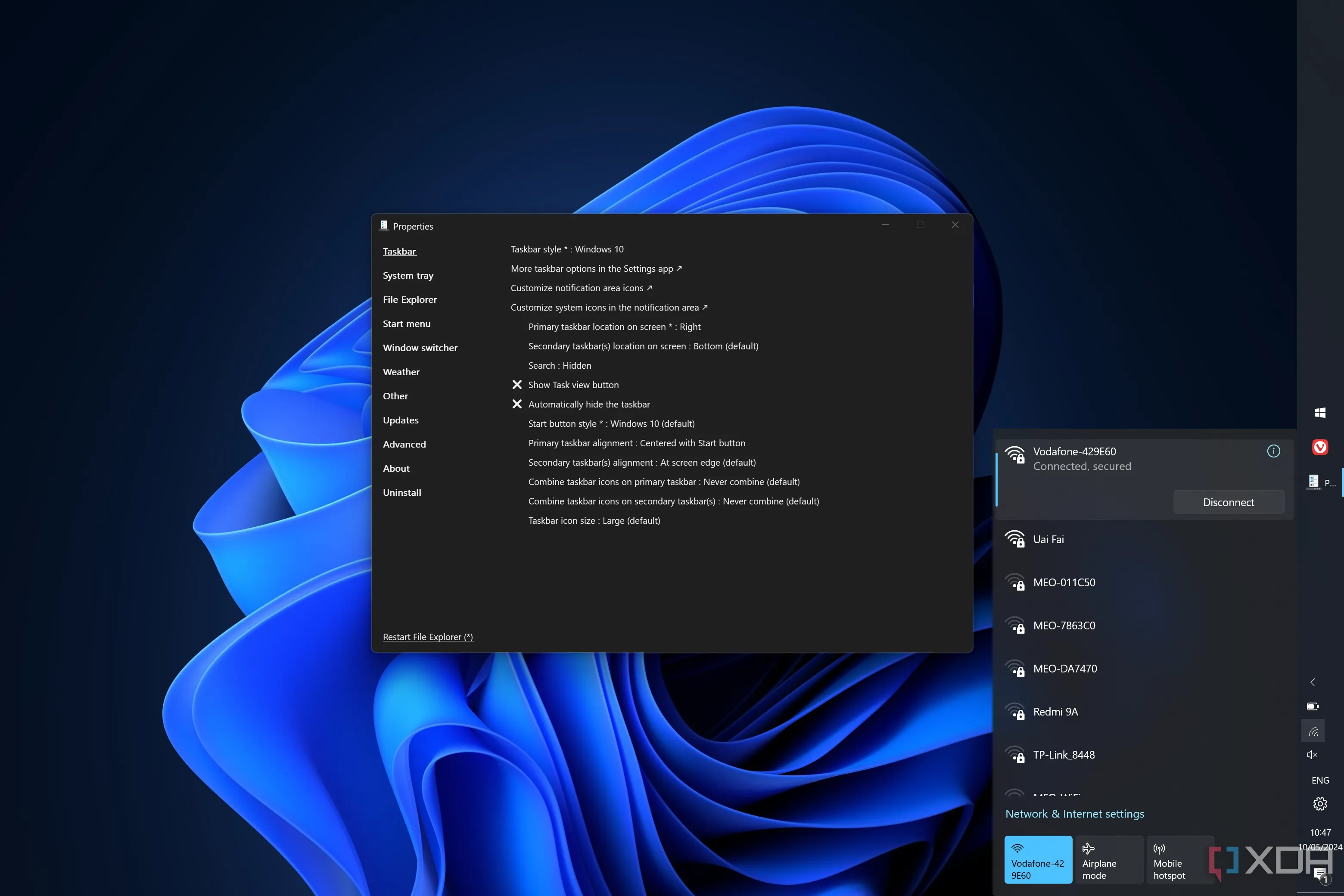 Thanh tác vụ Windows 11 được tùy chỉnh bằng ExplorerPatcher, hiển thị các tùy chọn menu ngữ cảnh quen thuộc