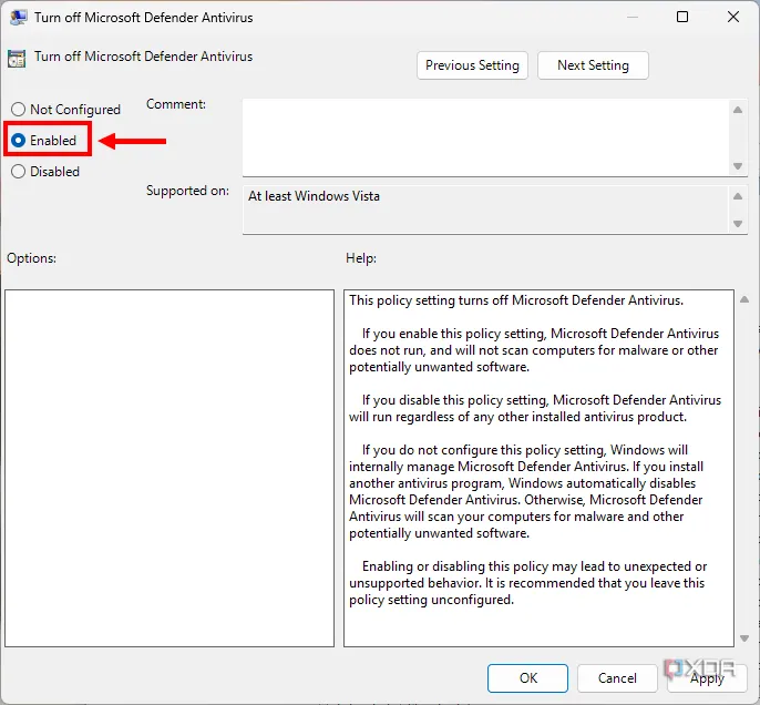 Thiết lập chính sách trong Group Policy Editor được đặt thành &quot;Enabled&quot; để vô hiệu hóa Microsoft Defender.