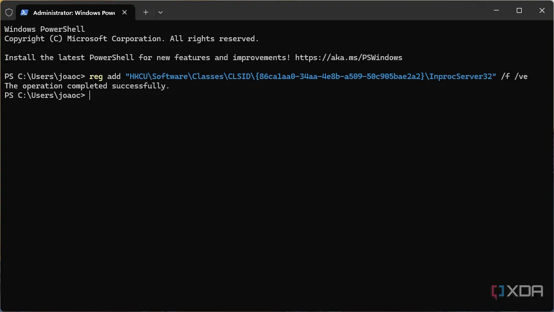 Thông báo xác nhận hoàn tất lệnh thay đổi Registry trong Windows Terminal