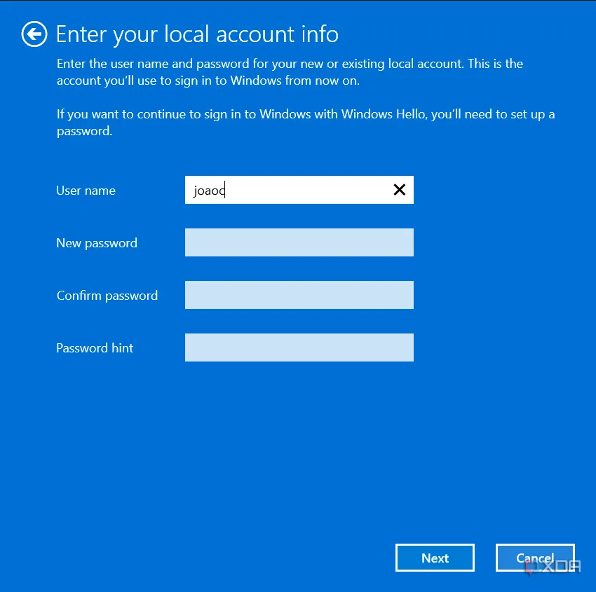 Trang thiết lập thông tin tài khoản cục bộ trên Windows 11, minh họa quy trình tạo tài khoản người dùng.
