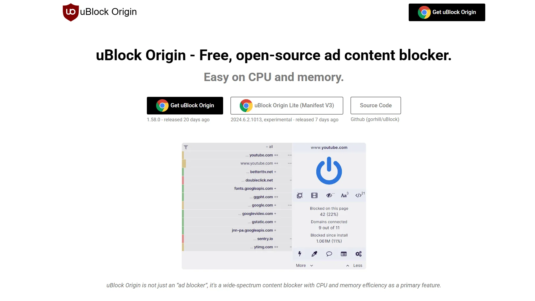 Trang web uBlock Origin, một tiện ích chặn quảng cáo mã nguồn mở, hiển thị các tùy chọn và thông tin về cách nó hoạt động