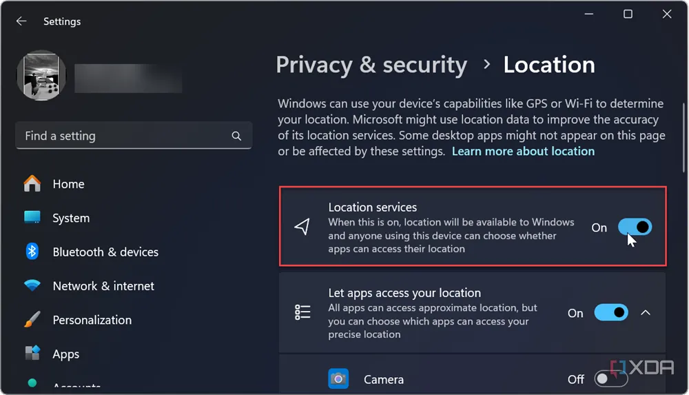 Tùy chọn bật dịch vụ định vị (Location services) trên Windows 11