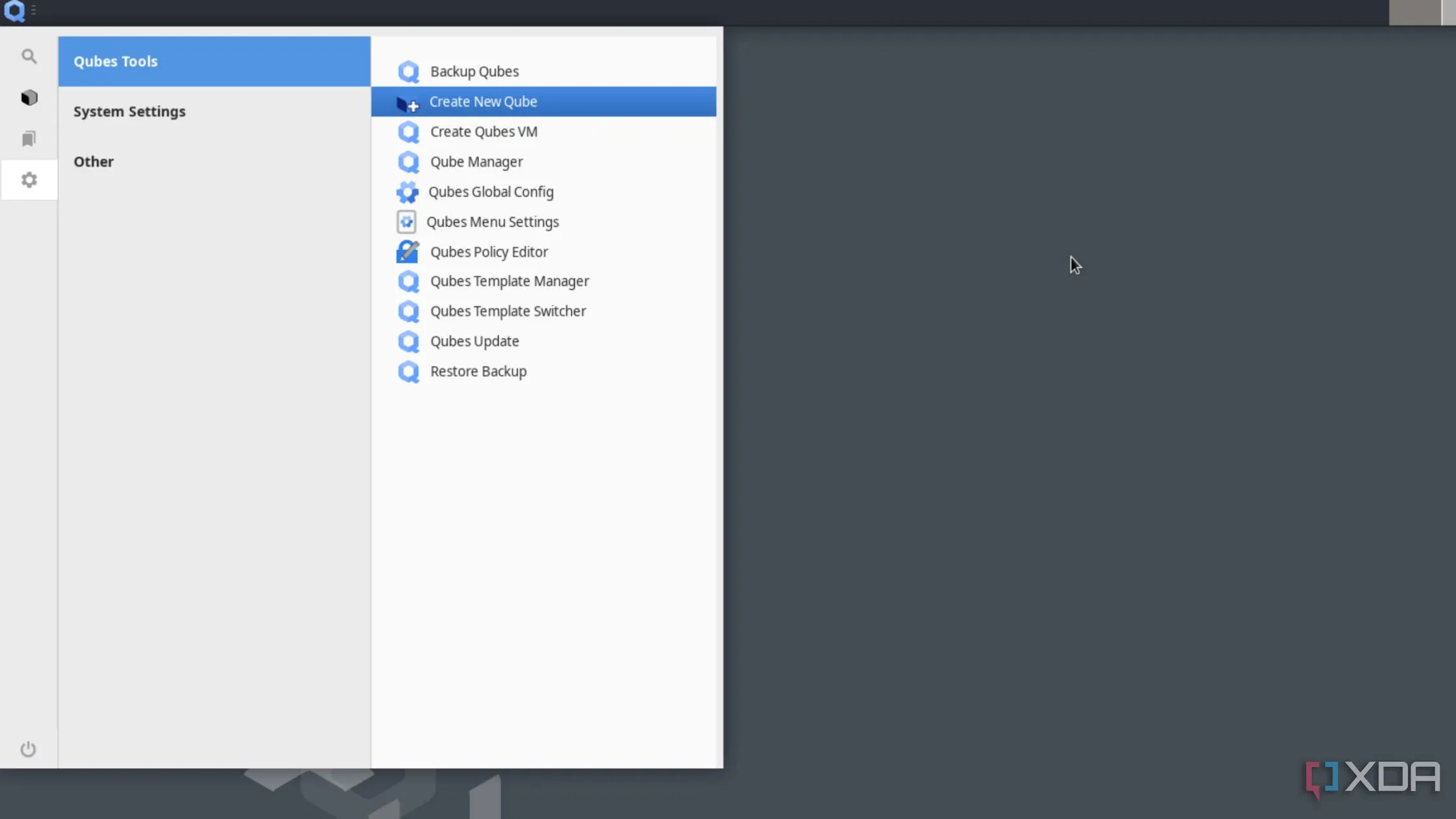 Tùy chọn Tạo Qube Mới (Create New Qube) trong menu công cụ Qubes OS