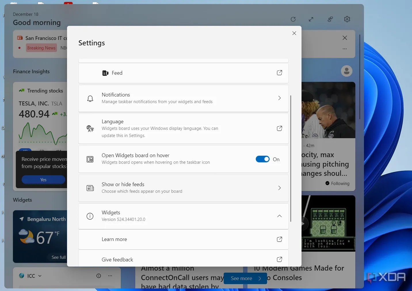 Tùy chọn tắt nguồn cấp tin tức (Feeds) trong cài đặt bảng tiện ích Windows 11.