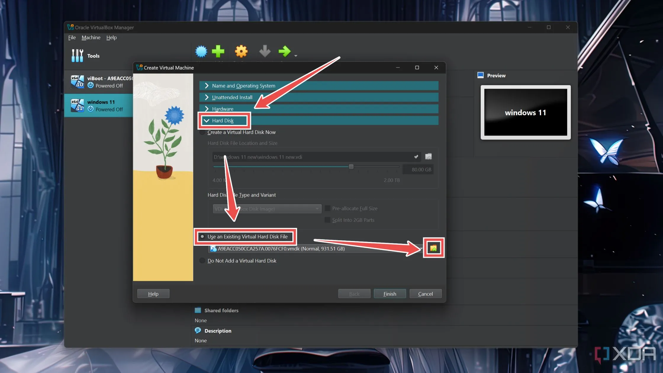 Tùy chọn &quot;Use an Existing Virtual Hard Disk file&quot; (Sử dụng tệp đĩa cứng ảo hiện có) được chọn trong VirtualBox để liên kết máy ảo với tệp VHD đã tạo.