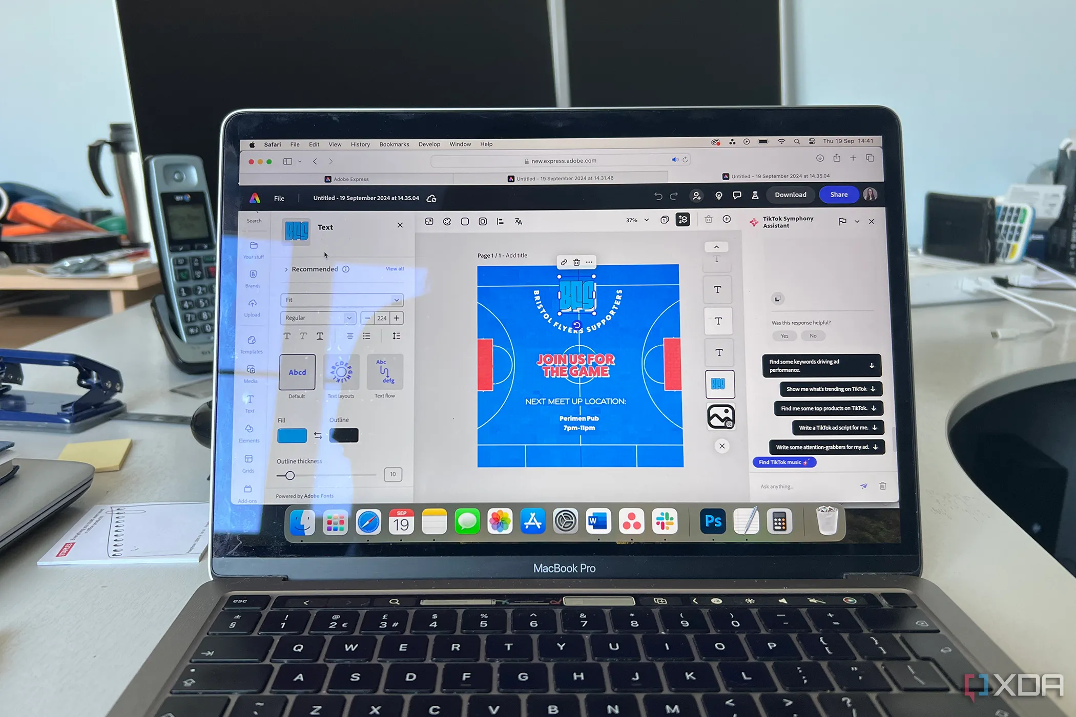 Adobe Express Teams trên MacBook Pro trong môi trường văn phòng, minh họa tính năng làm việc nhóm