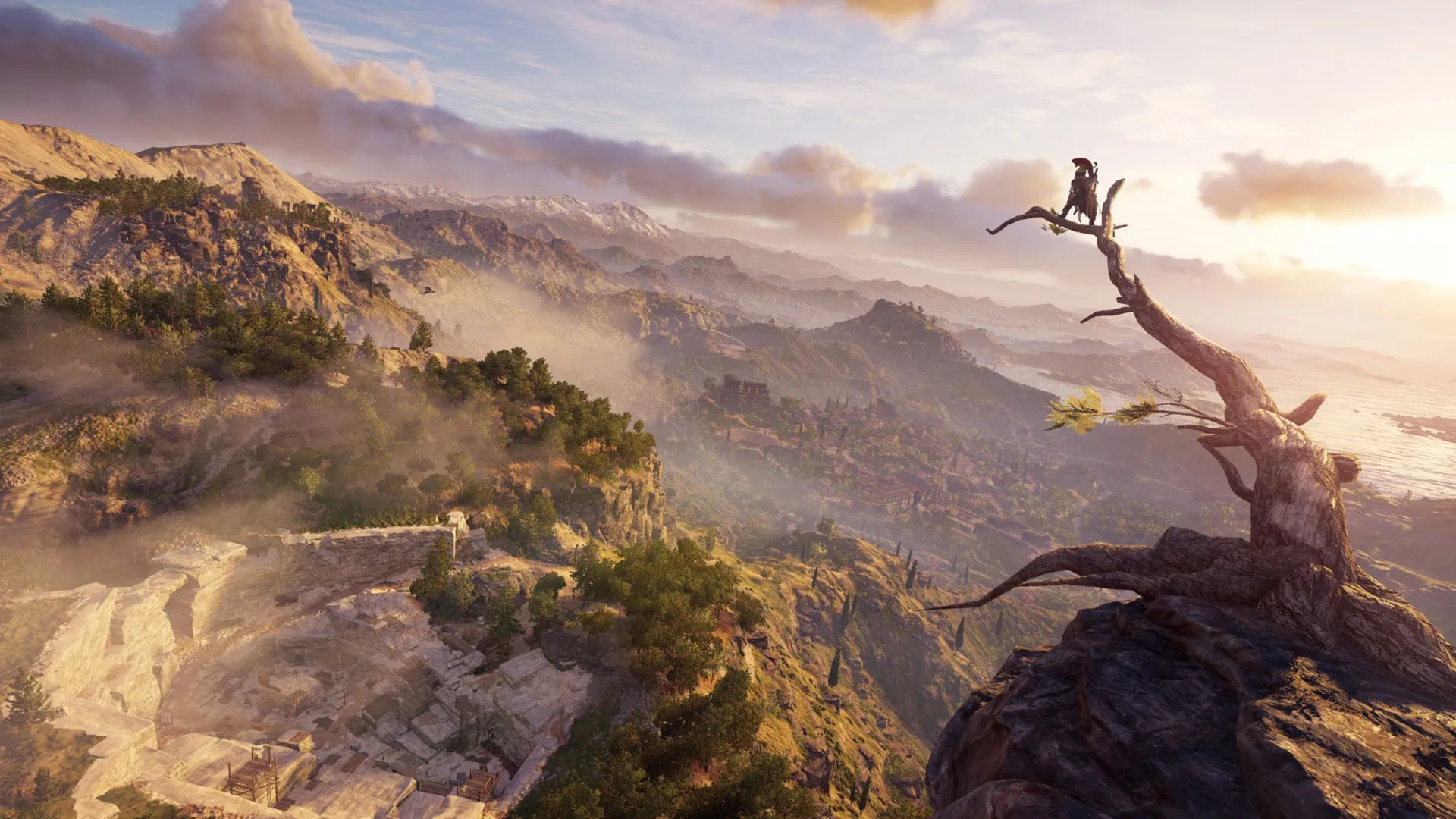 Alexios chiêm ngưỡng phong cảnh hùng vĩ của Hy Lạp cổ đại từ cành cây trong Assassin's Creed Odyssey