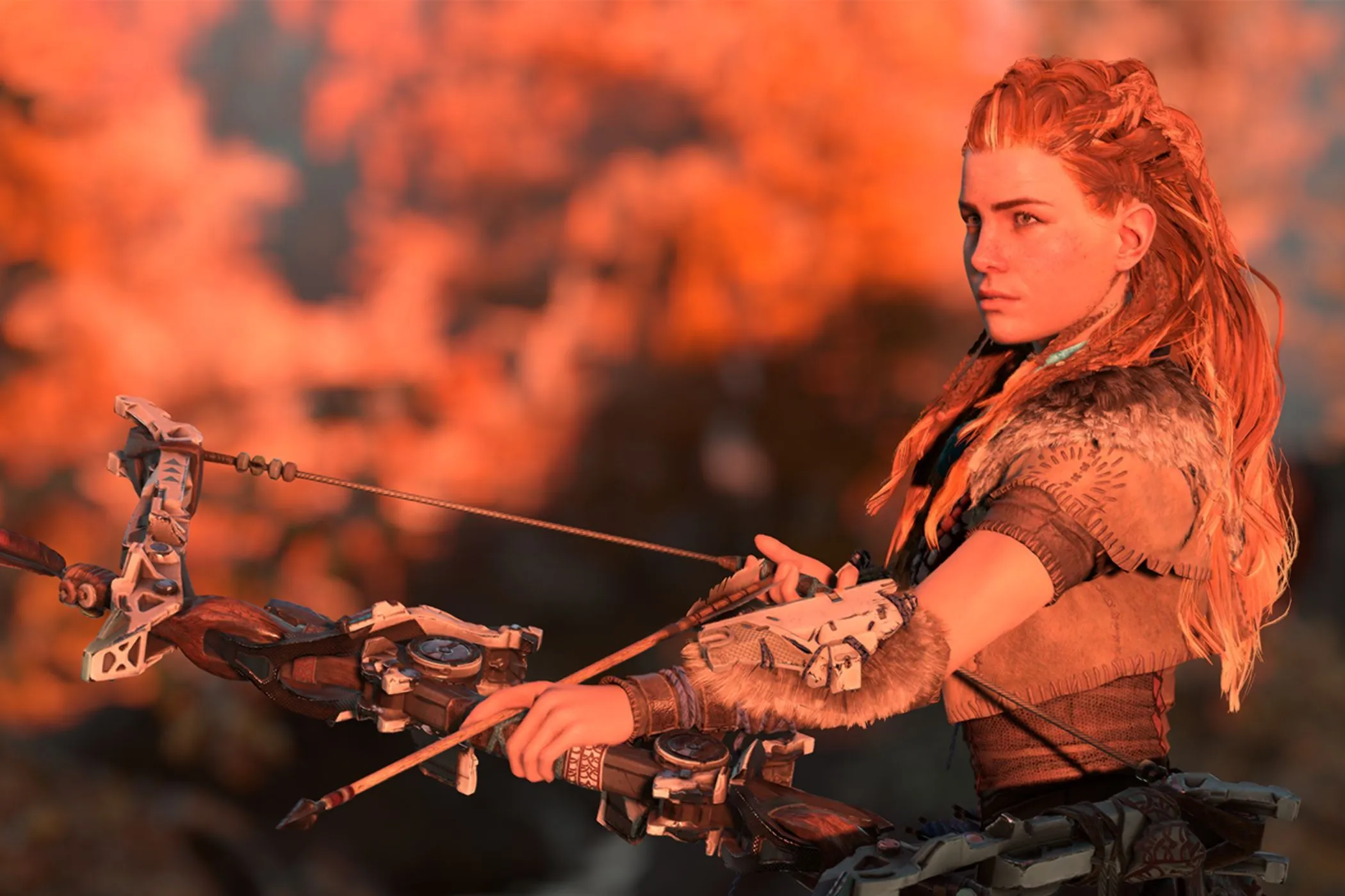 Aloy trong Horizon Zero Dawn giương cung vào hoàng hôn, minh họa sức hút game single-player của PlayStation