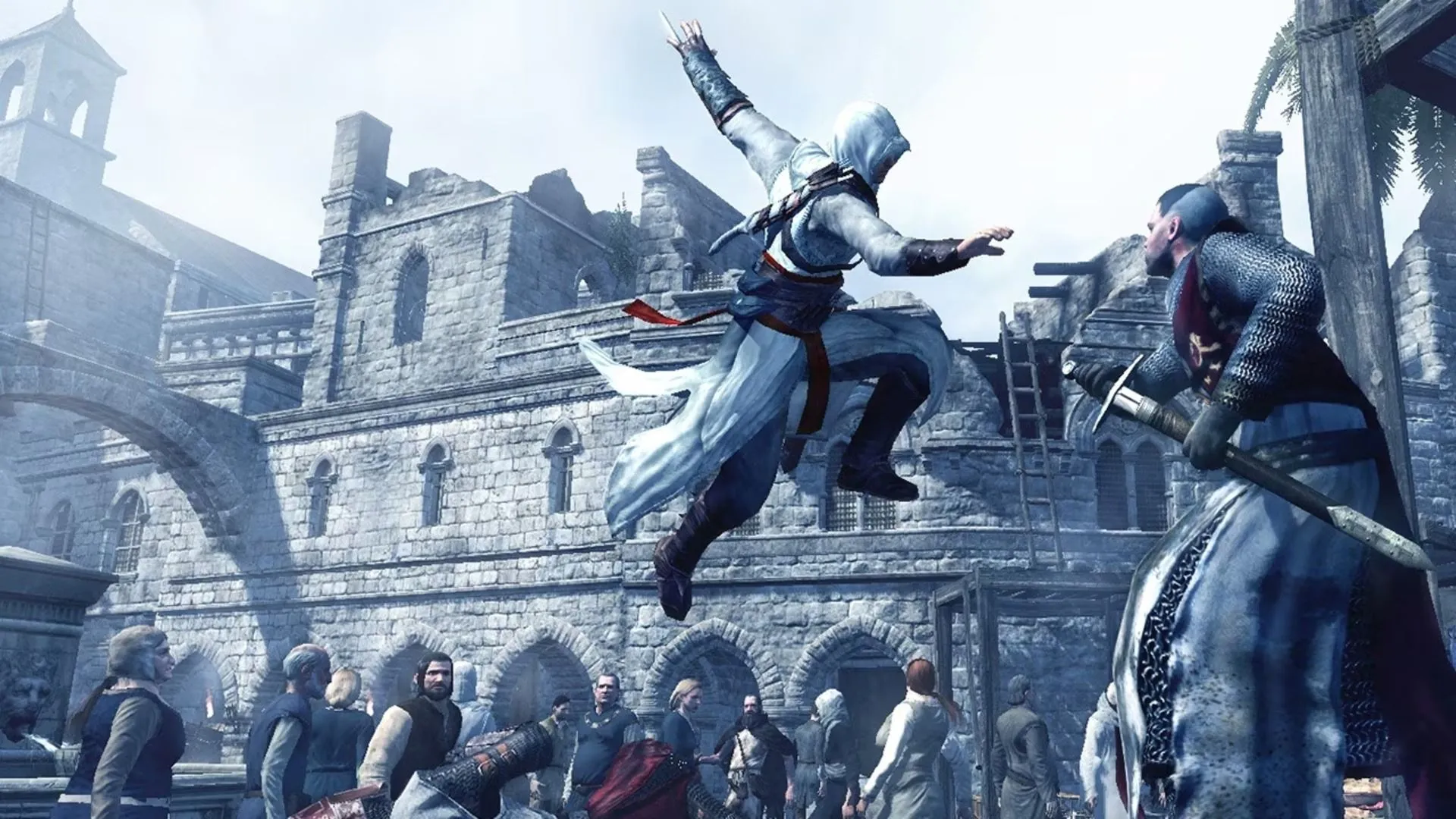 Altaïr đang thực hiện cú nhảy niềm tin (Leap of Faith) trong Assassin's Creed