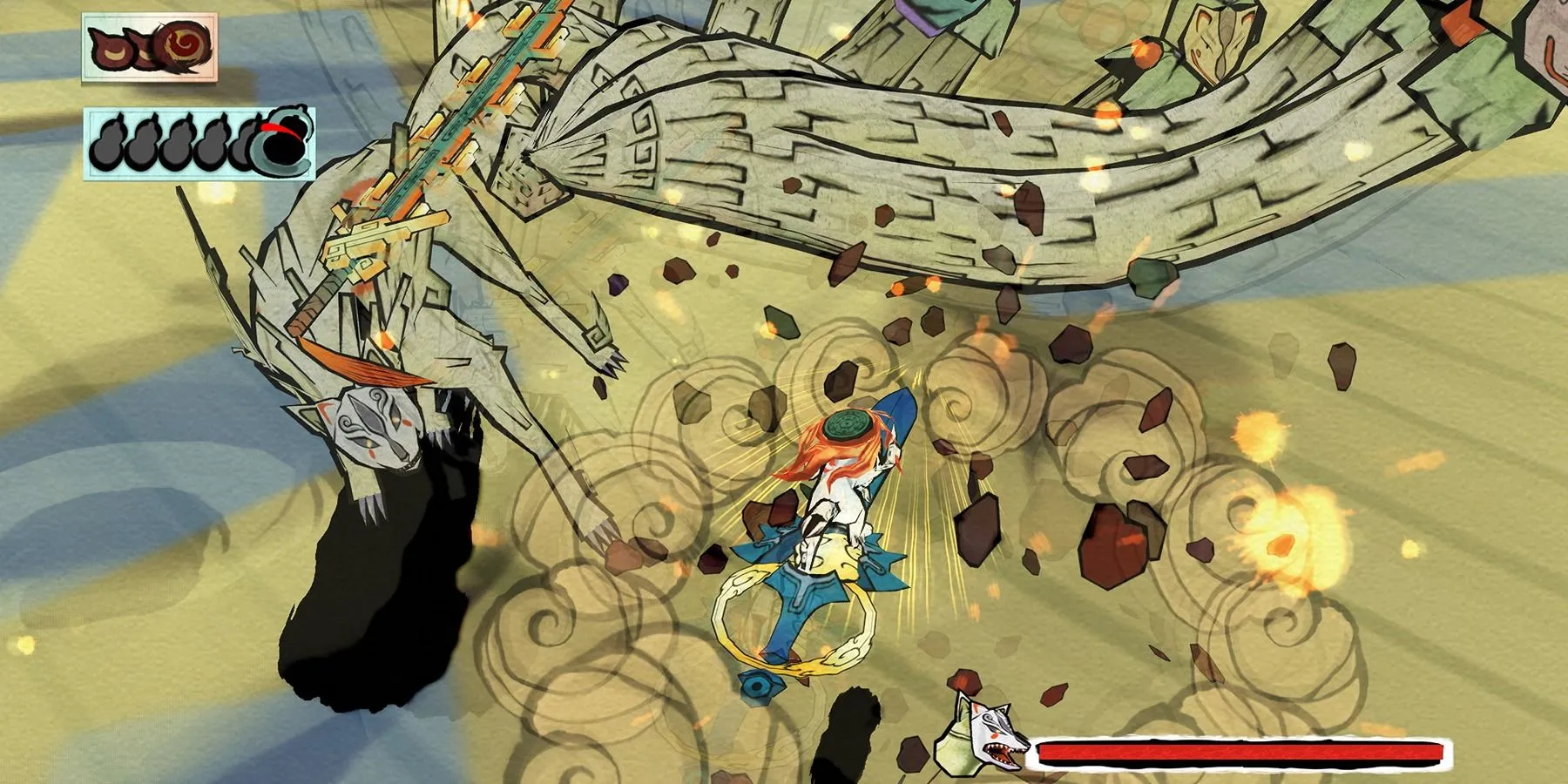 Amaterasu chiến đấu trong bối cảnh phong cách vẽ tay của Okami