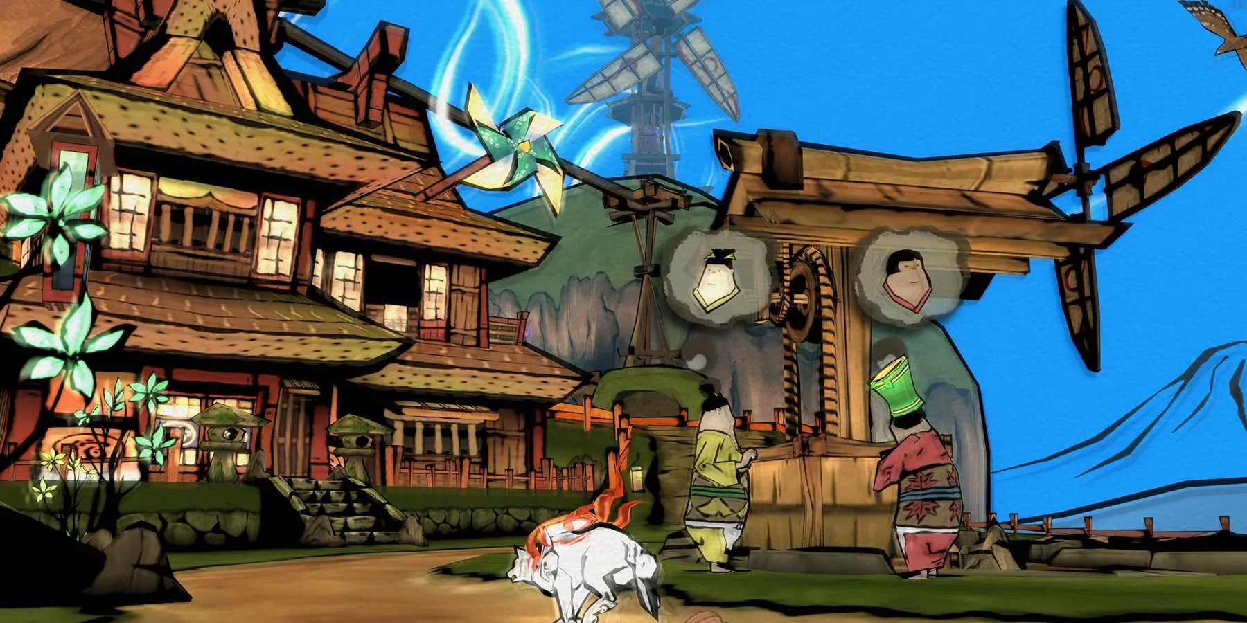 Amaterasu khám phá thế giới trong Okami với đồ họa sumi-e ấn tượng