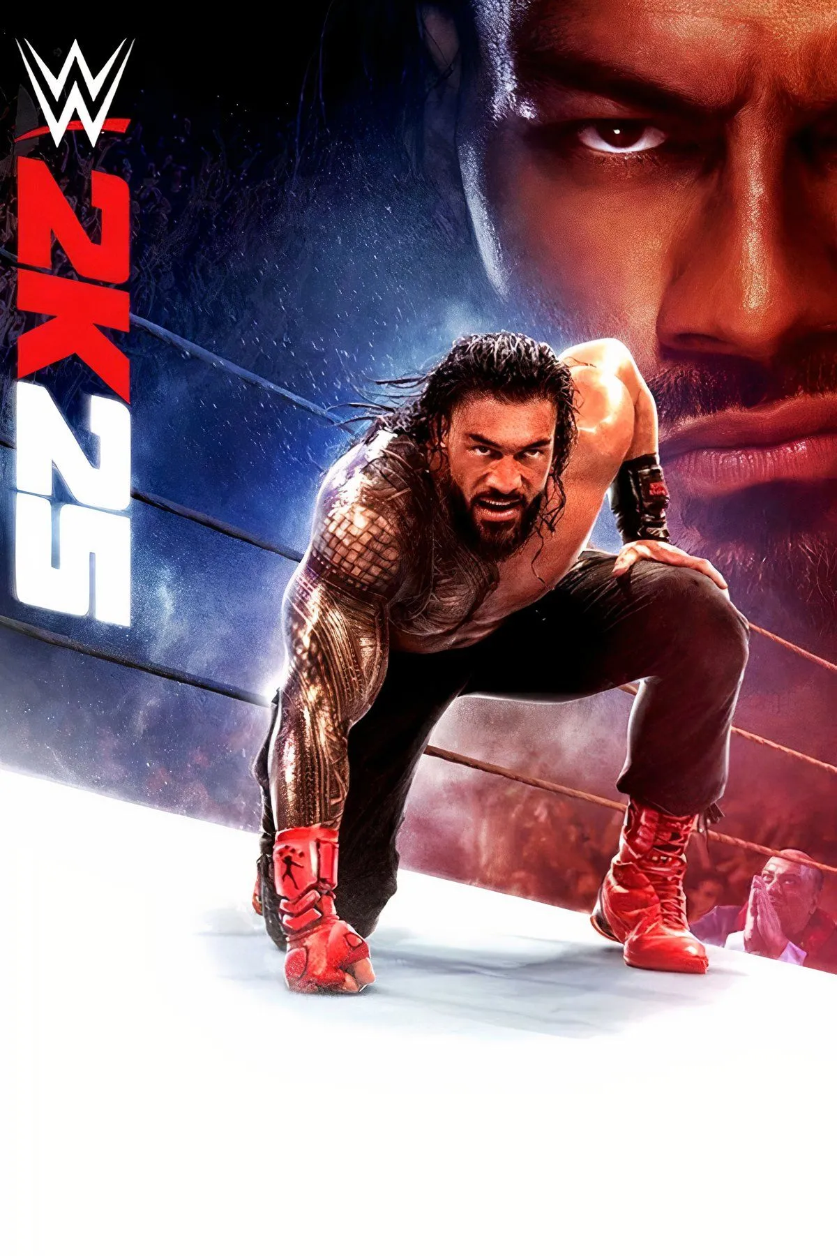 Ảnh bìa chính thức của game đấu vật WWE 2K25, thể hiện các siêu sao đô vật