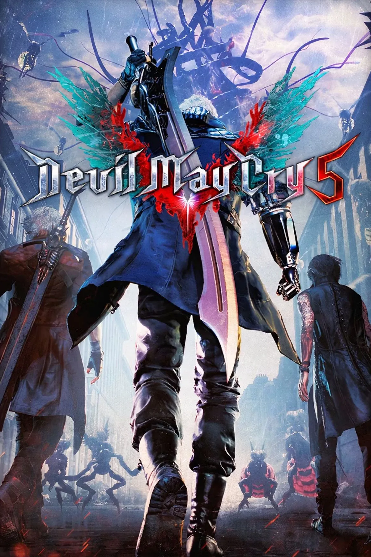Ảnh bìa game Devil May Cry 5, với Dante, Nero và V thể hiện phong cách chiến đấu đỉnh cao.