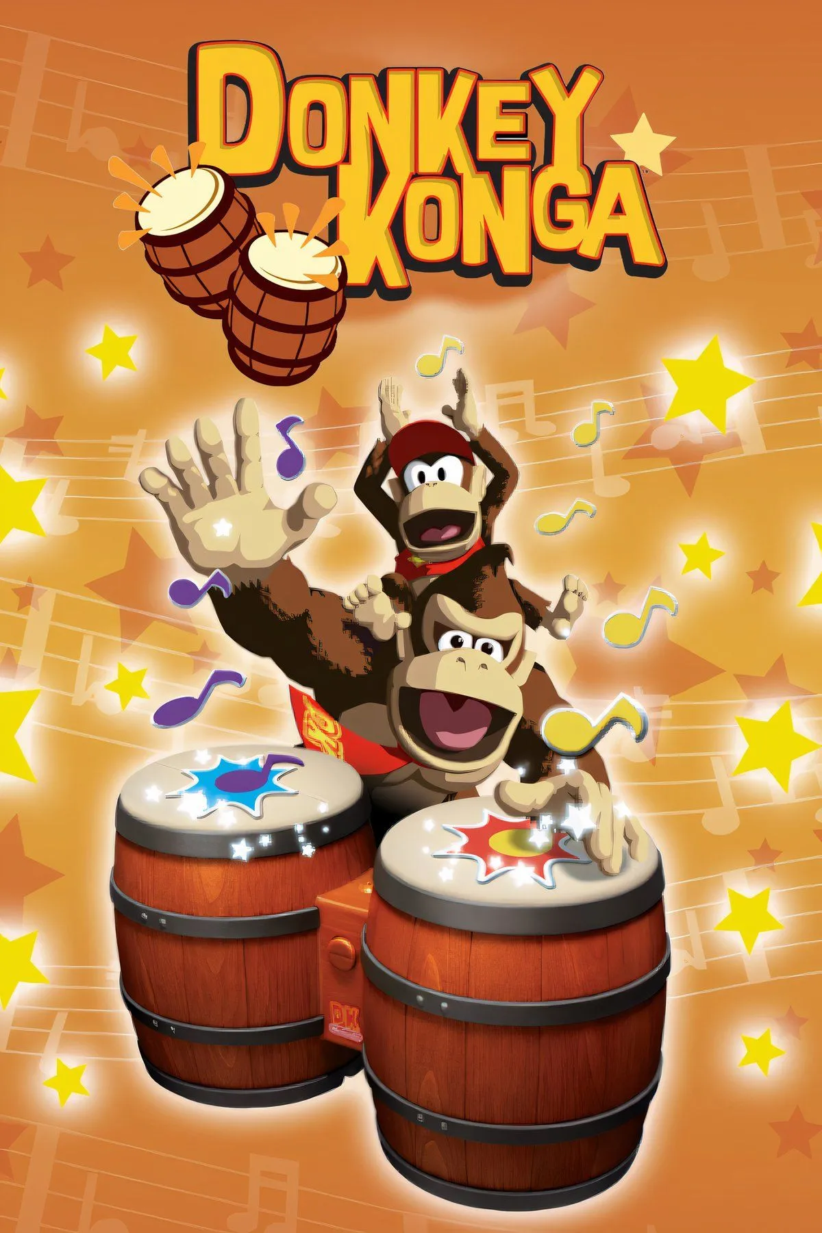 Ảnh bìa game Donkey Konga với tay cầm DK Bongo Controller