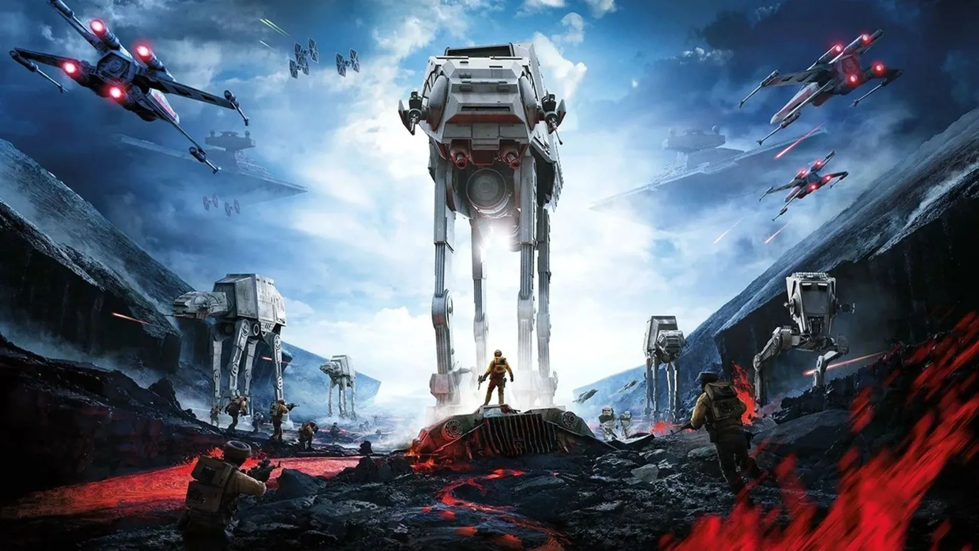 Ảnh bìa game EA Star Wars Battlefront 2015, thể hiện các binh lính Stormtrooper và phi công Tie Fighter