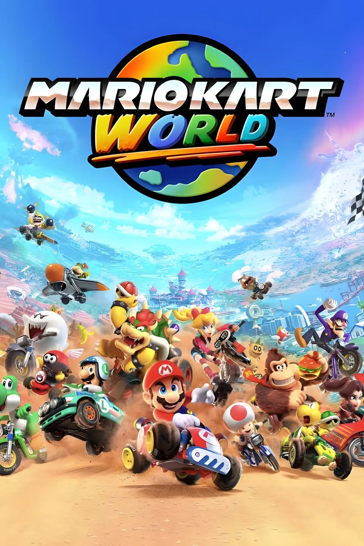 Ảnh bìa game Mario Kart World với các nhân vật đua xe trên đường đua