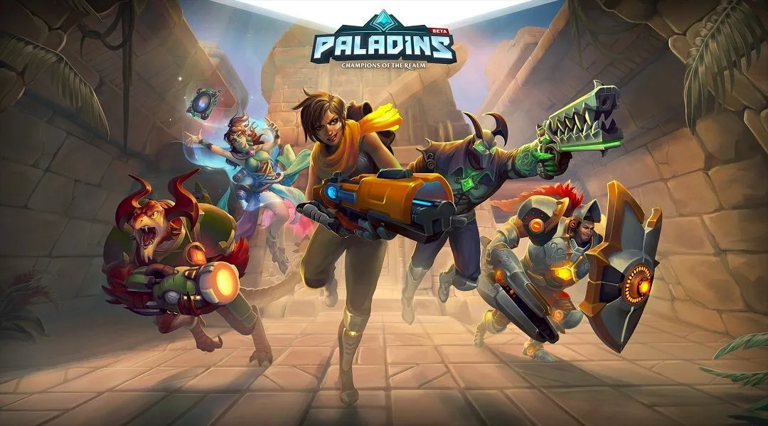 Ảnh bìa game Paladins: Champions of the Realm, giới thiệu các tướng với thiết kế độc đáo và màu sắc rực rỡ.