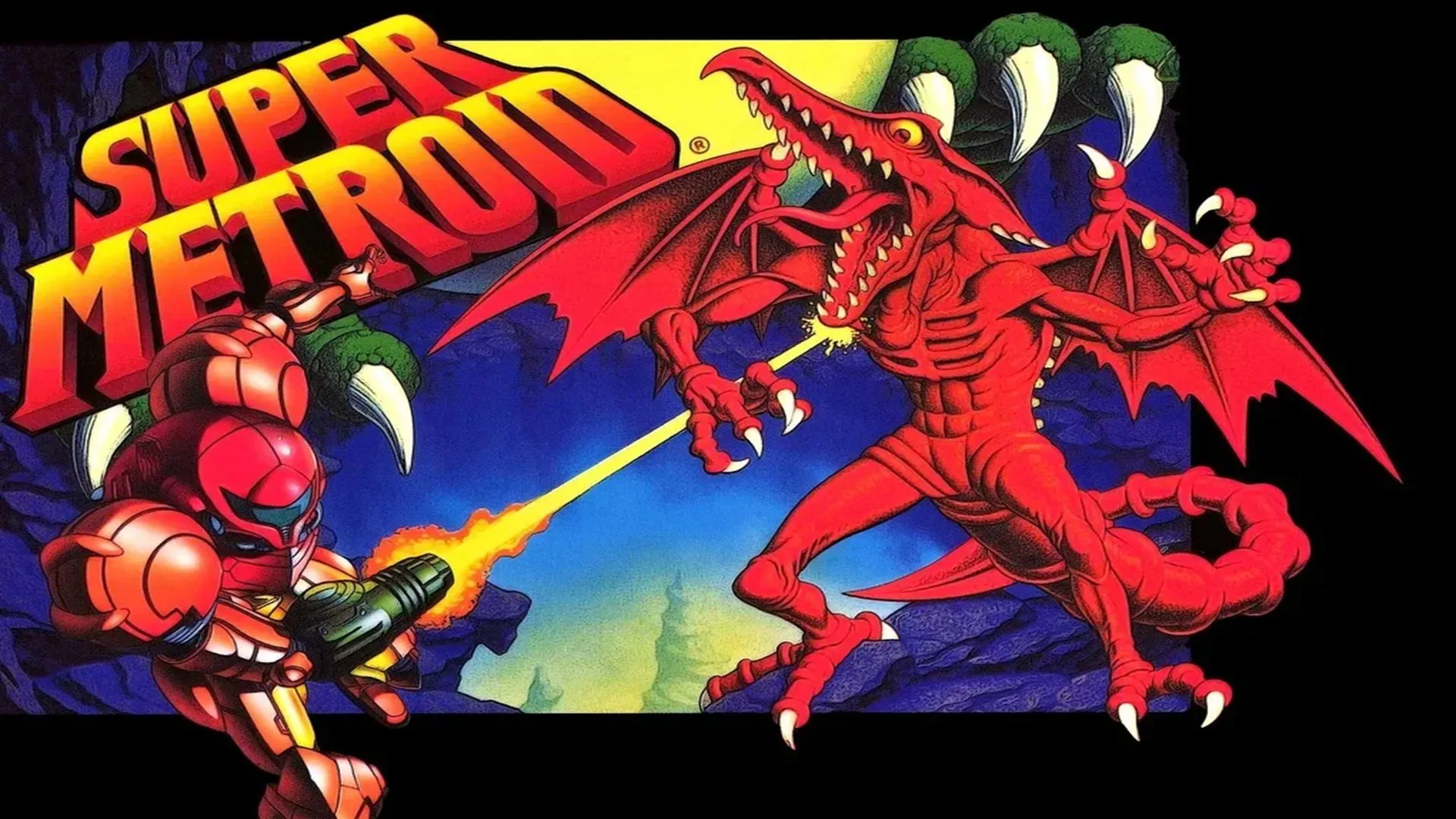 Ảnh bìa game Super Metroid trên Super Nintendo, hiển thị Samus Aran trong bộ Power Suit đầy đủ