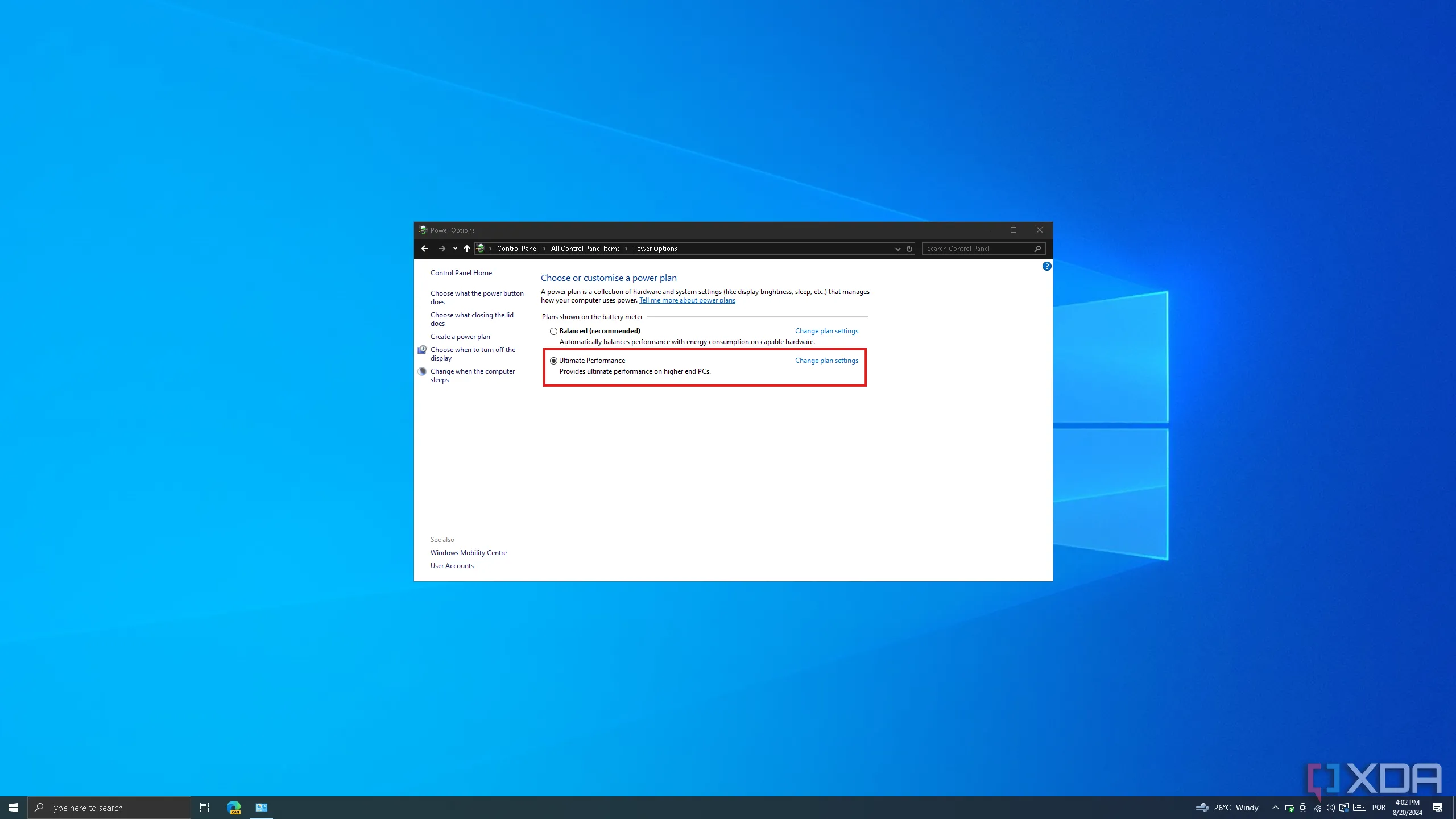 Ảnh chụp màn hình các tùy chọn cài đặt điện năng trong Control Panel của Windows 10, với chế độ &quot;Ultimate Performance&quot; được chọn.